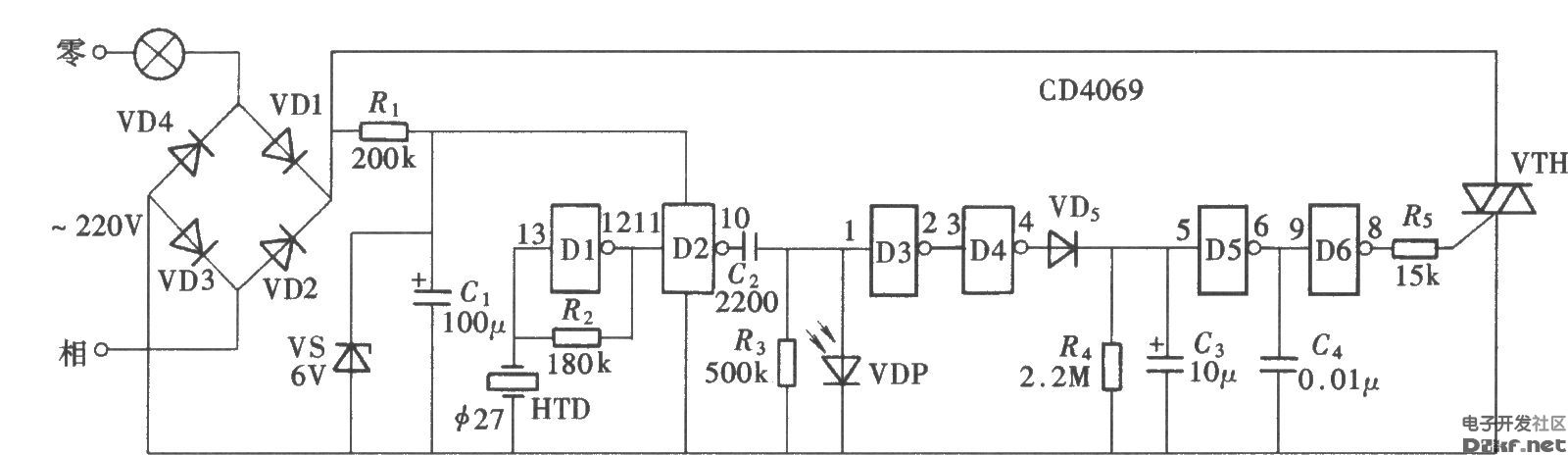 由cd4069组成的声控延时节电开关