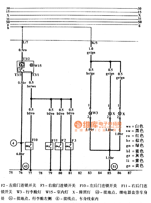 捷达室内灯,行李照明灯,牌照灯电路图