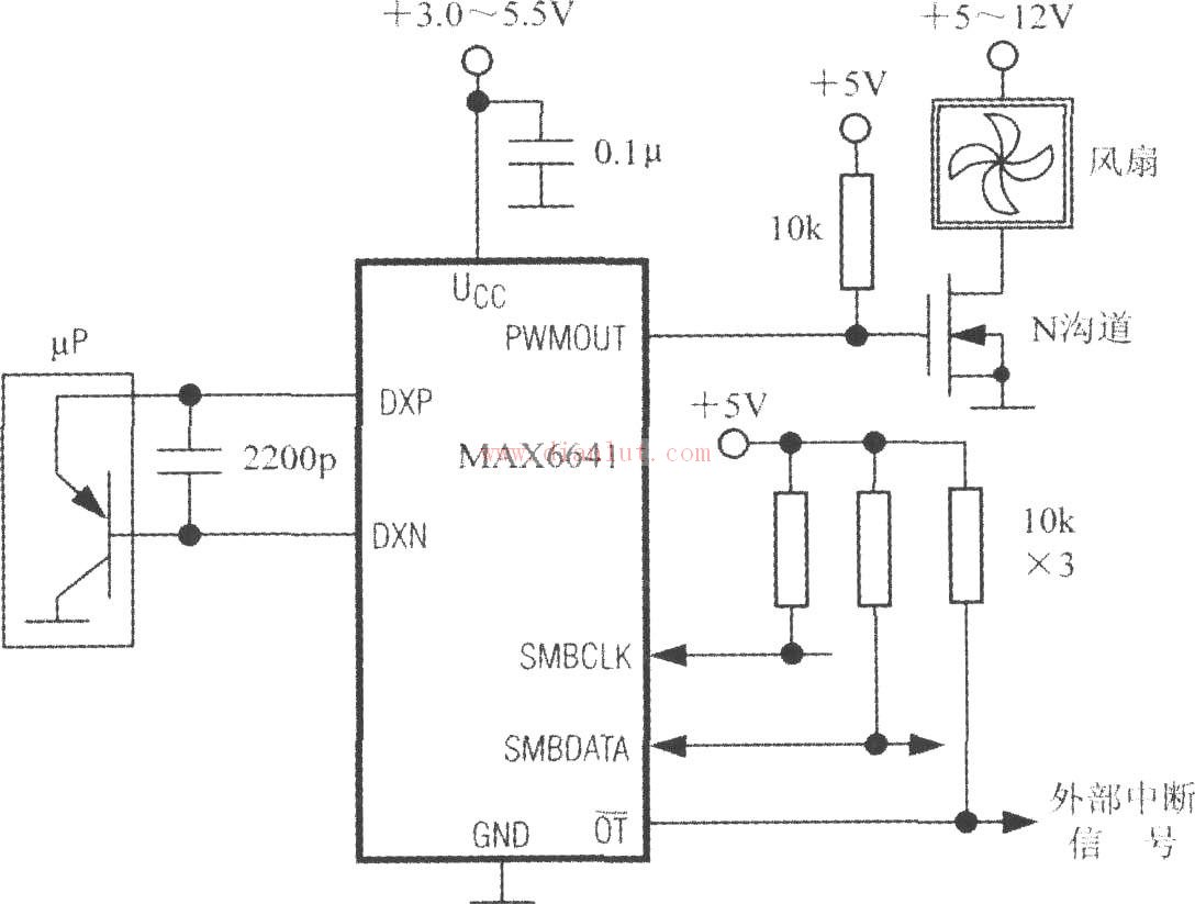 smbus總線與智能溫度控制器max6641構成的應用電路圖