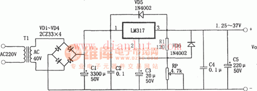 lm317構成的1.25～37v可調電源電路