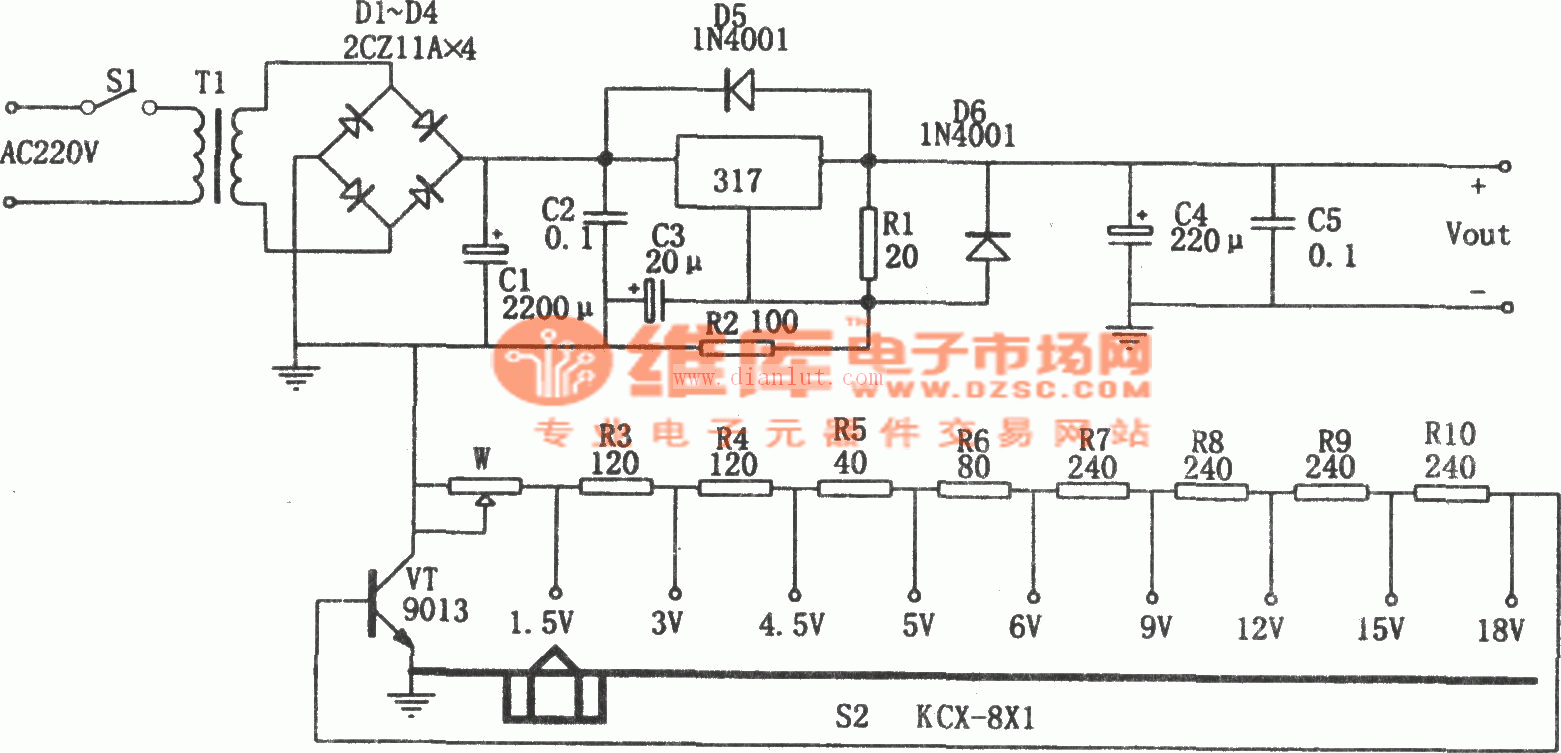 lm317構成的分擋可調直流穩壓電源電路2