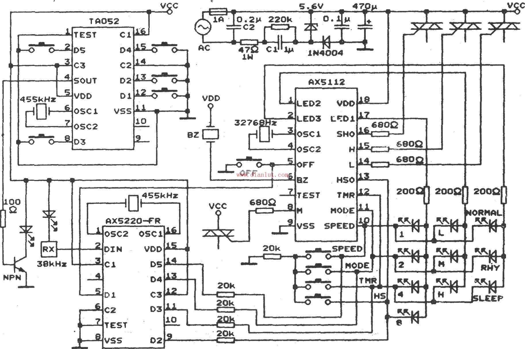 ax5112構成的電風扇多功能遙控電路