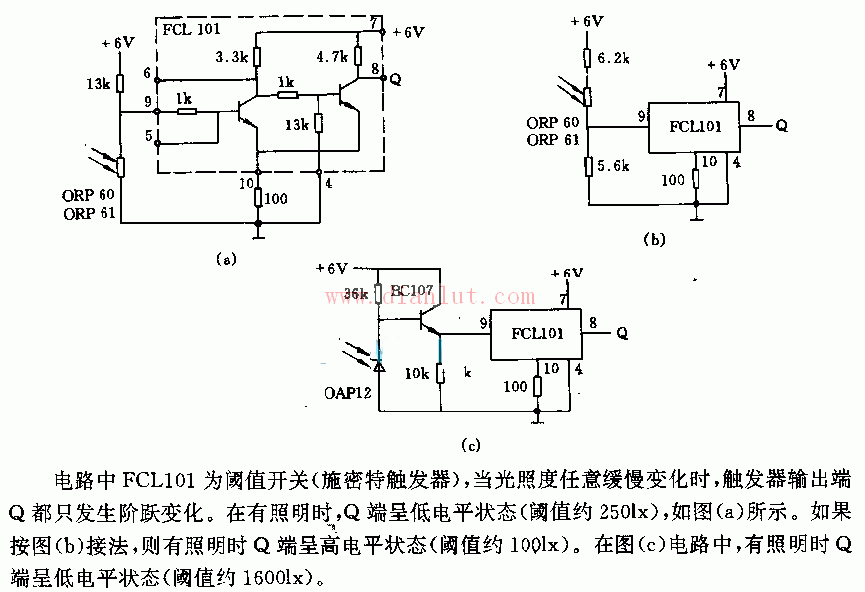 采用fcl101施密特触发器的光栅电路电路中fcl101为阈值开关,当光