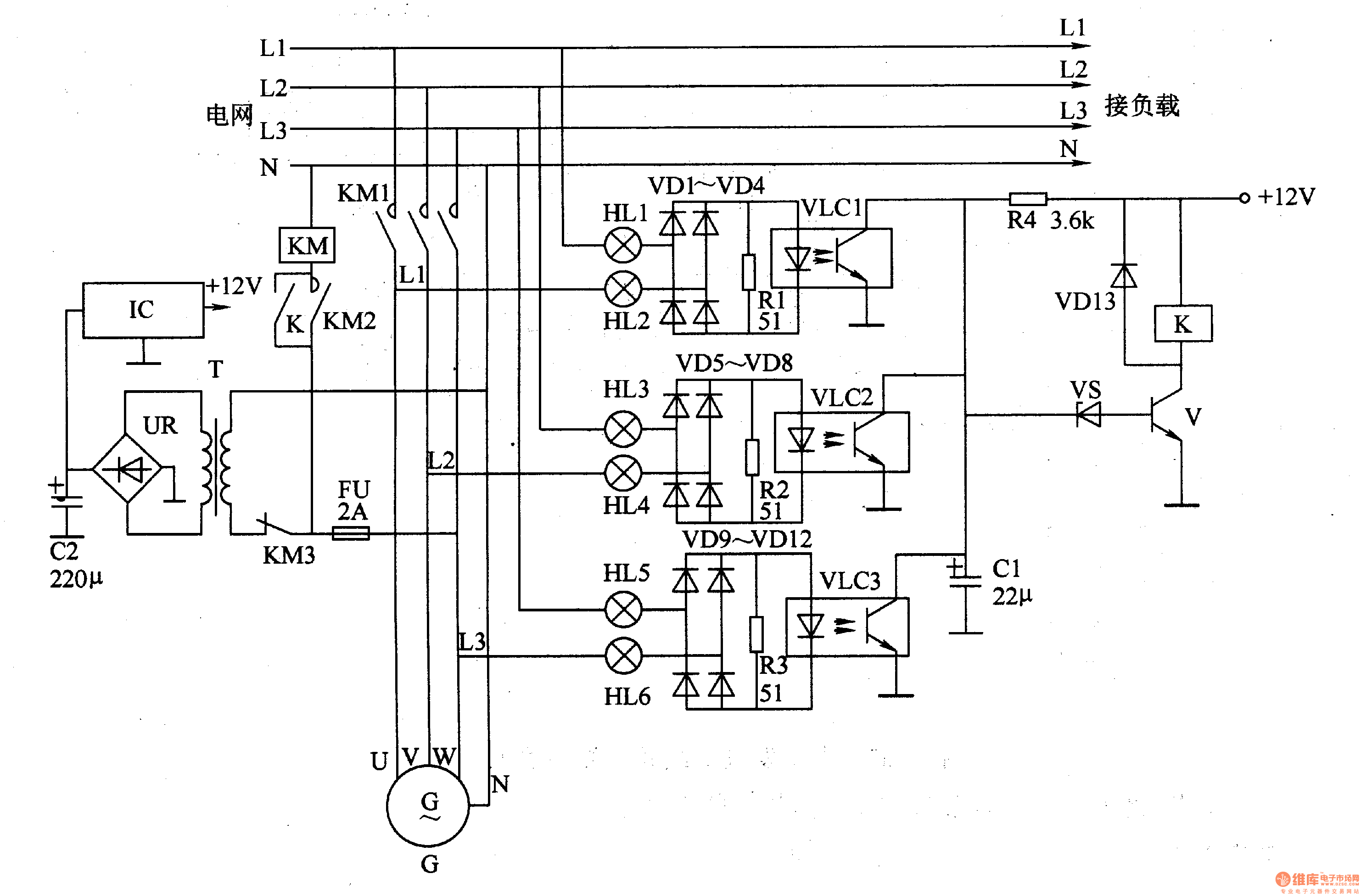 电路工作原理本例介绍的小型发电机组并网控制器电路,采用6只白炽灯泡
