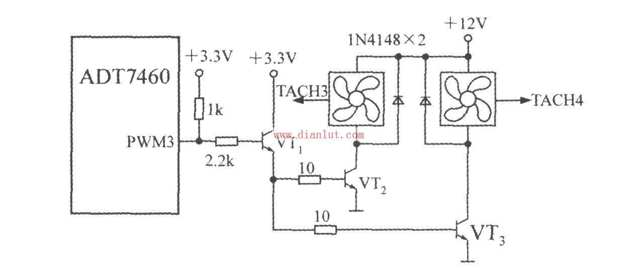 adt7460構成的pwm3端同時驅動兩臺三線風扇電路