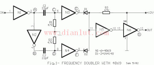 本电路使用一个4069逆变器ic,一个倍频器可以构造给输出脉冲的频率是