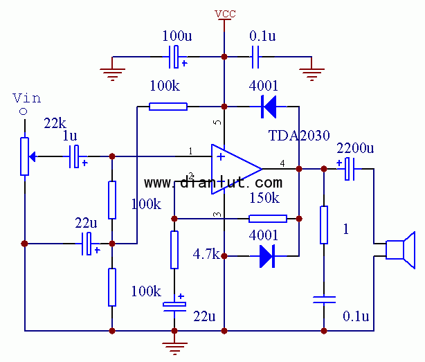 用tda2030製作的有源功放電路圖