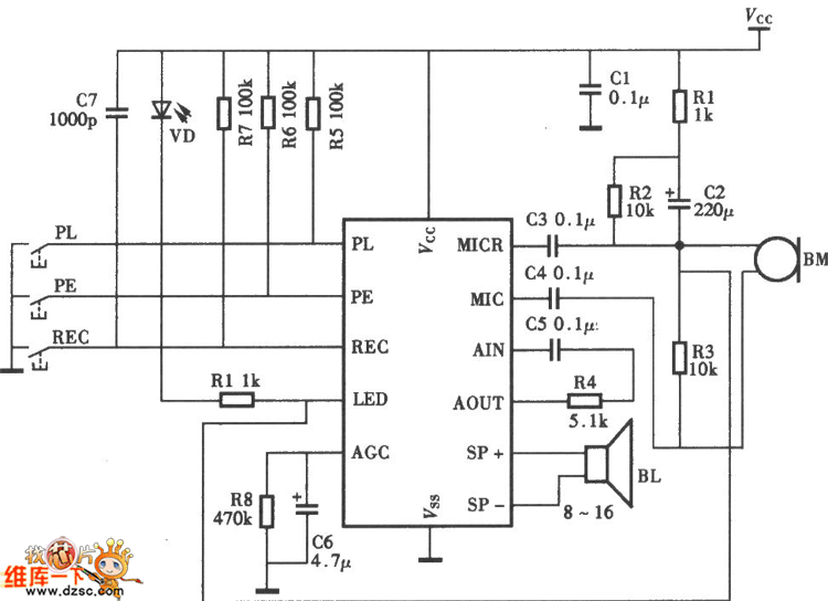 采用ml1020的录音喊话器电路图