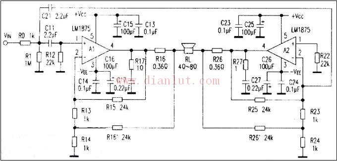 lm1875設計的btl功率放大電路