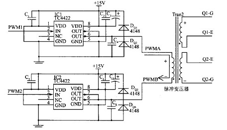 (2)驱动放大电路     igbt的驱动电路采用脉冲变压器和tc4422