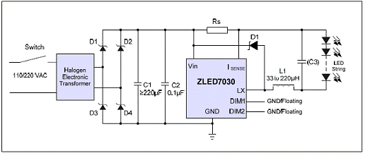 图3 采用卤钨灯电子变压器的zled7330应用电路