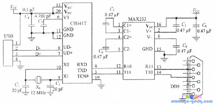基于ch341t的usb转rs232接口电路设计