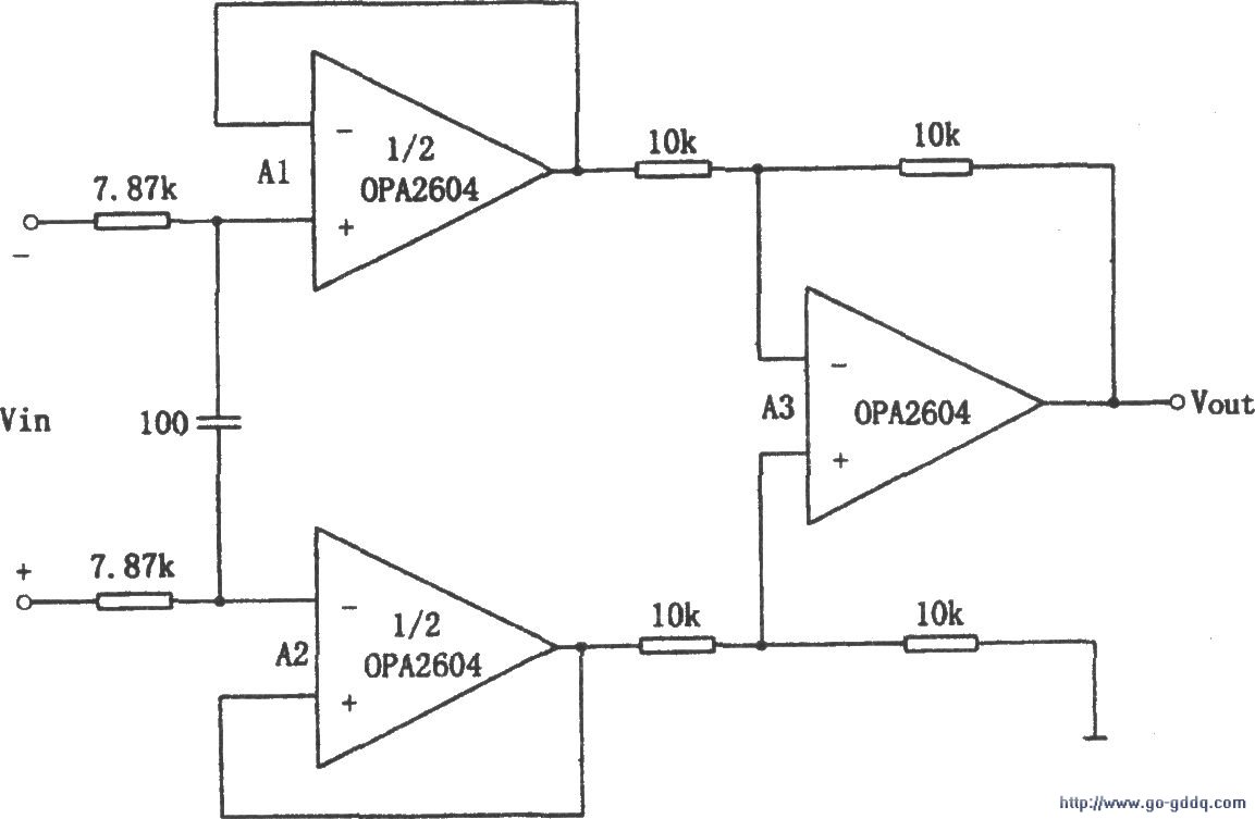 用opa2604构成的具有低通滤波的差动放大电路