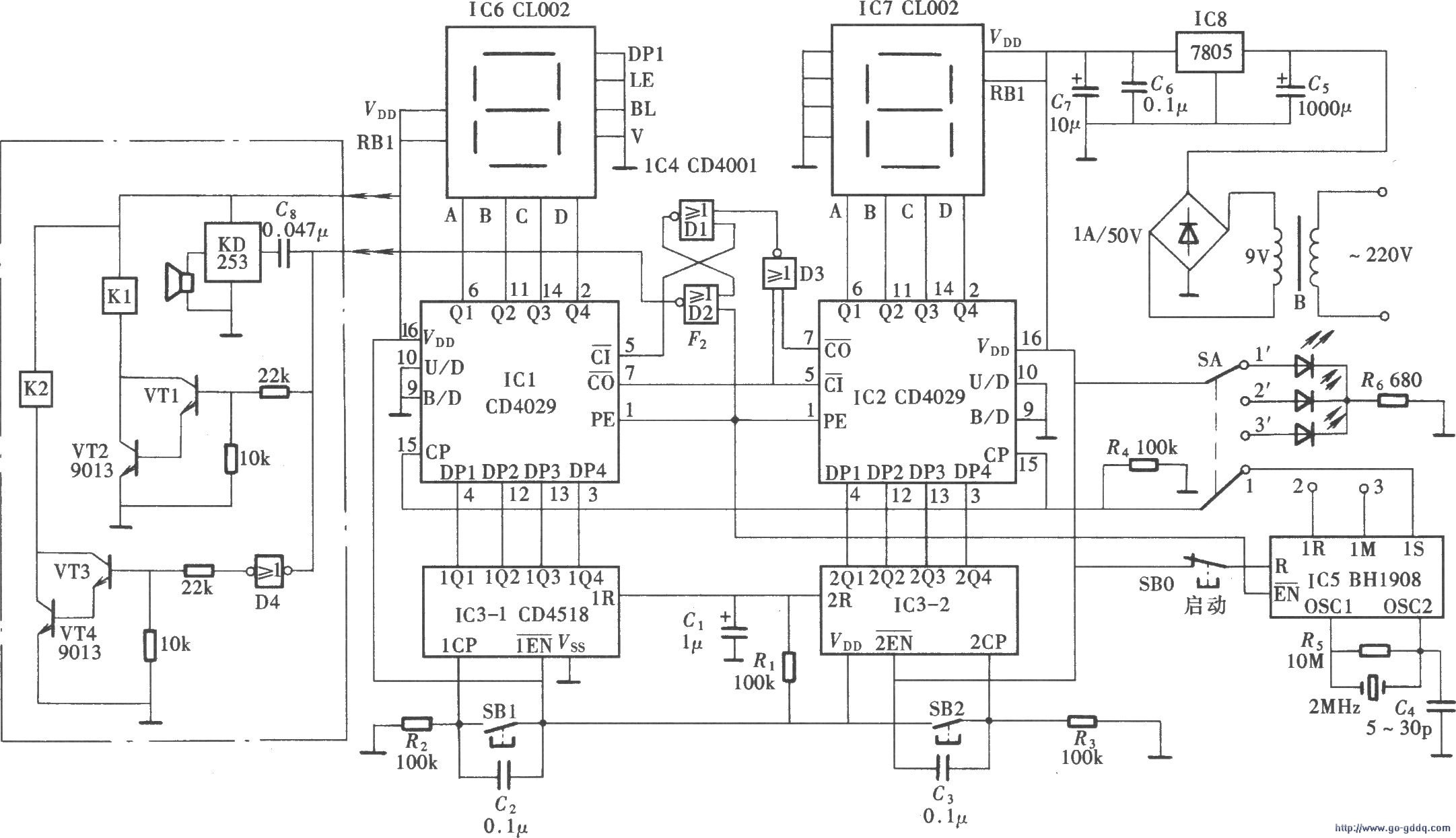 用cd4029cd4518bh1908構成的可預置定時的倒計時定時器電路