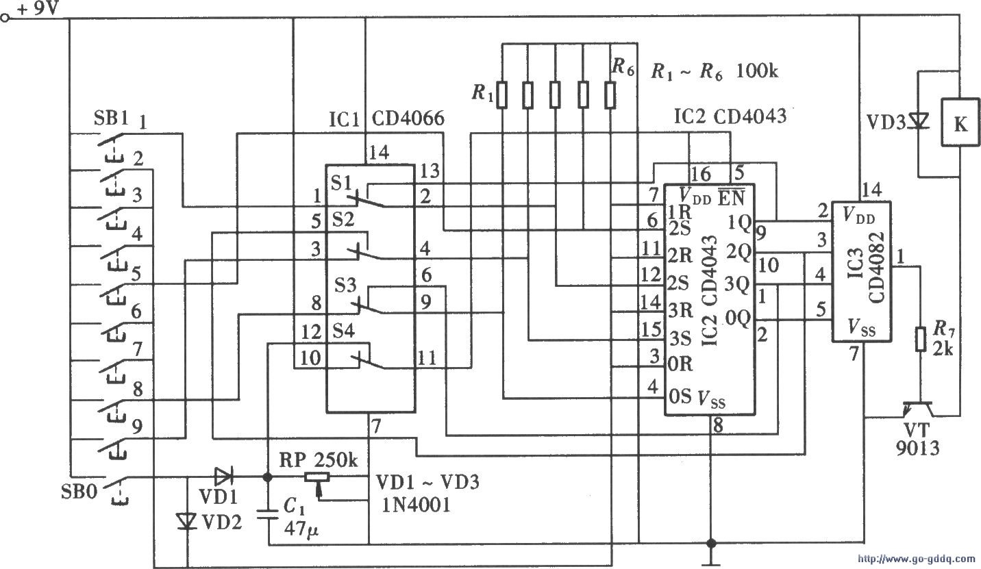用cd4066,cd4043构成的十位按键密码开关电路
