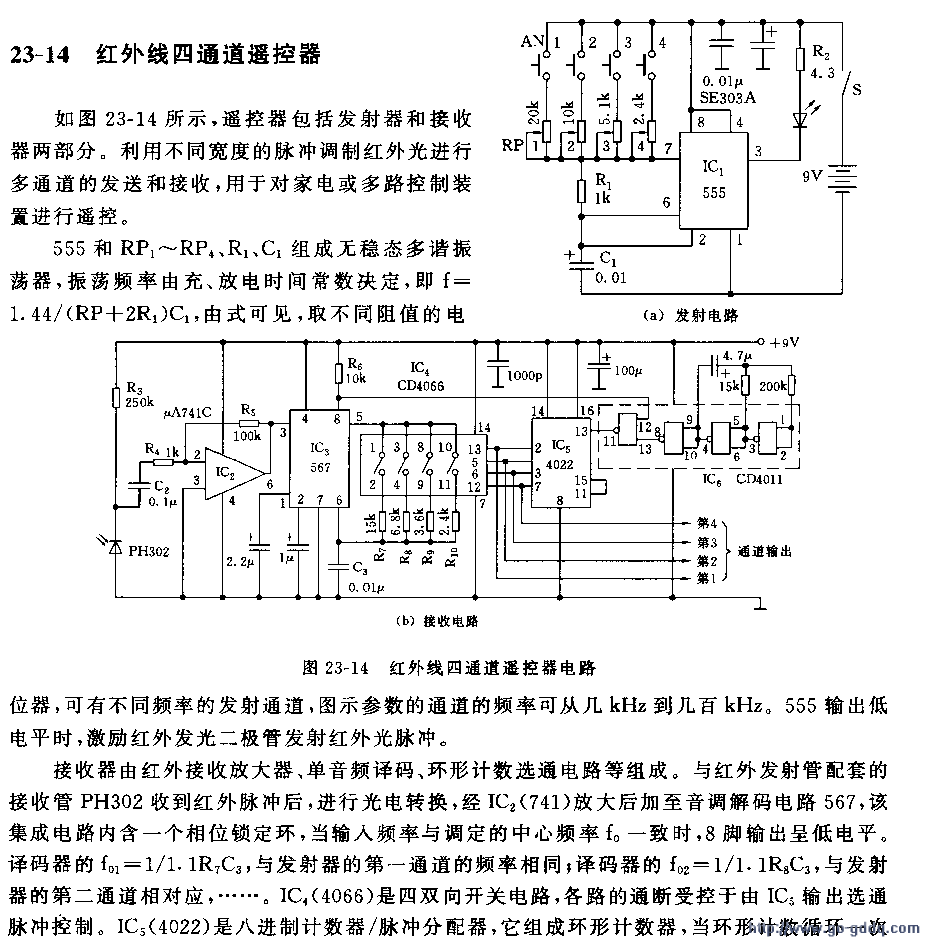 用555組成紅外線四通道遙控器電路