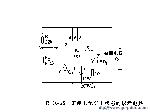 用ne555监测电池欠压状态的指示电路图