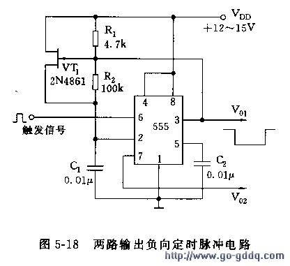 用ne555组成的两路输出负向定时脉冲电路图