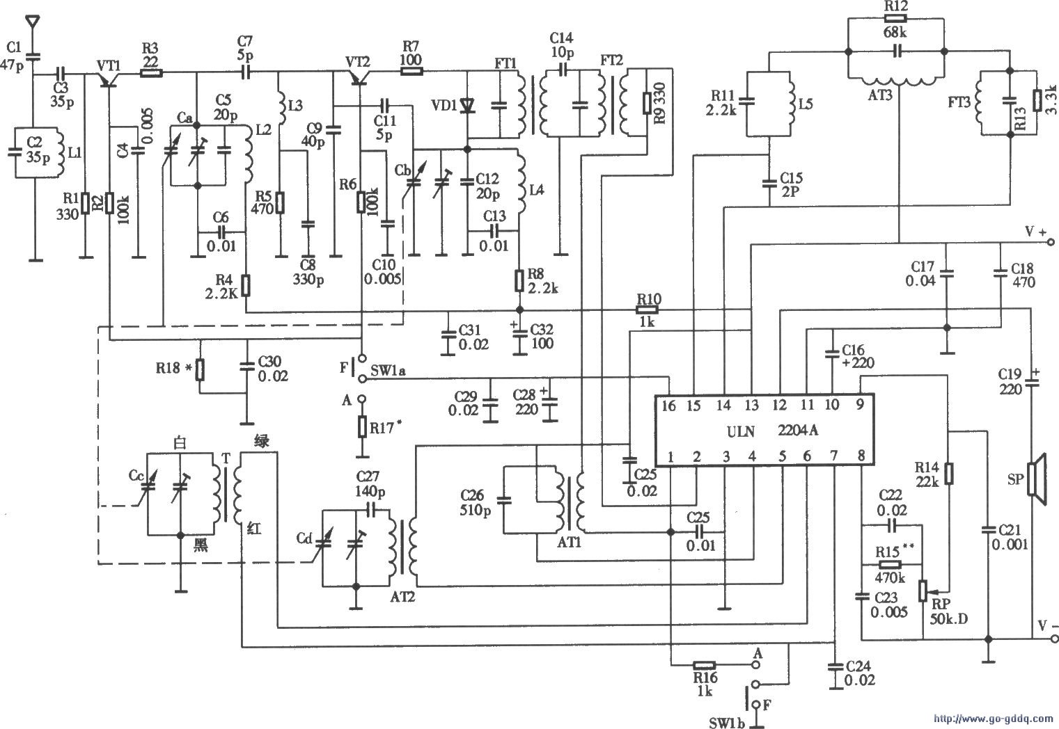 采用uln2204a单片的收音机电路图