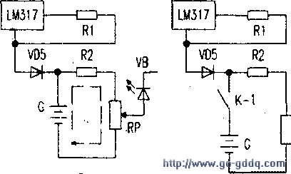 這時充電電路已經停止工作,但r2,rp與電池卻構成一個放電迴路(如左圖)