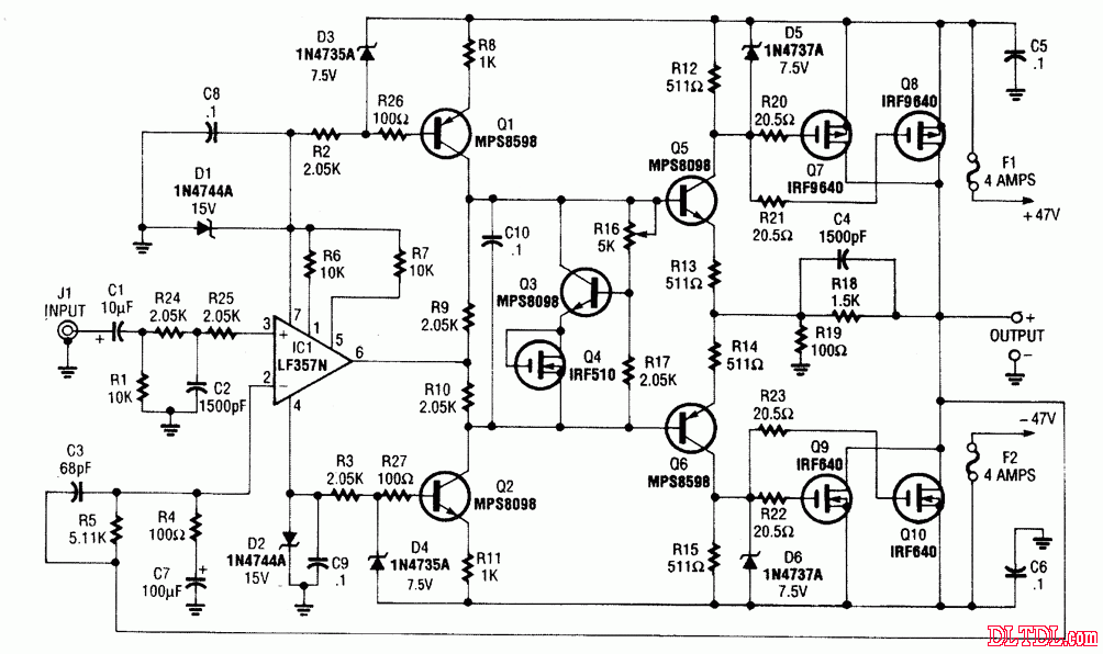 irf640和irf9640 mosfet用于驱动输出负载,值为4Ω或8Ω