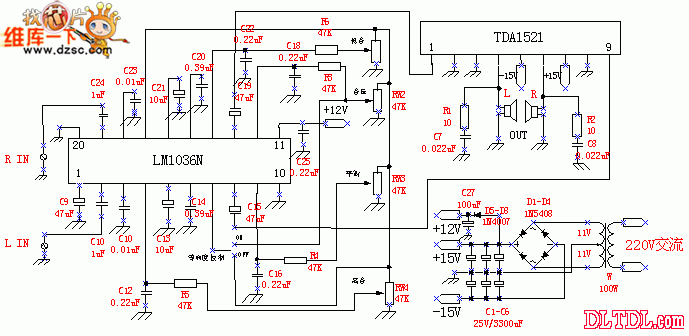 lm1036 tda1521最簡單的高品質功放電路圖