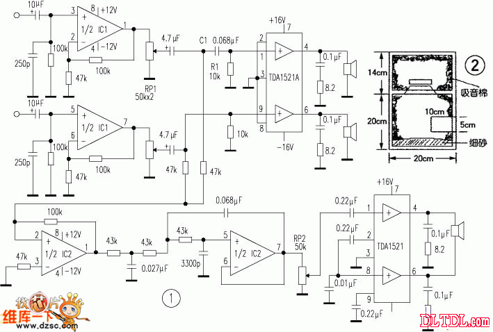 tda1521制作21电脑低音炮音箱电路图