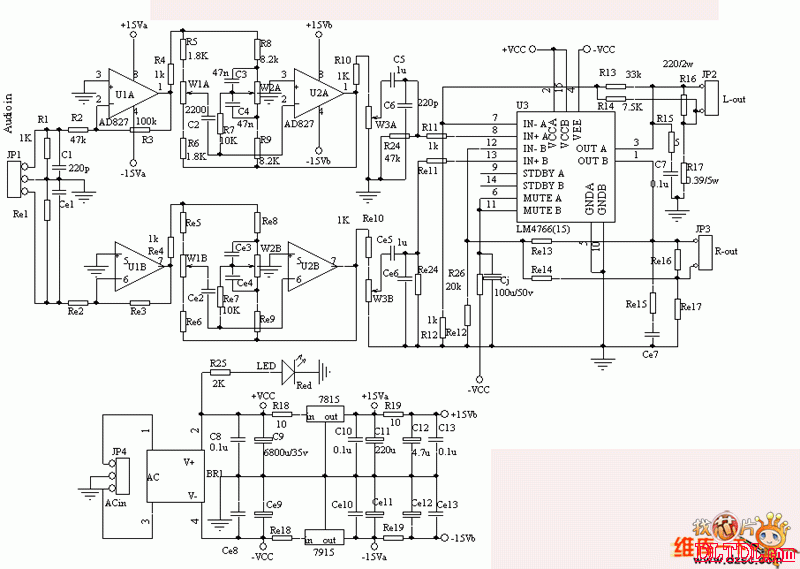 電源供電部分採用三端穩壓供電,前面的r18/re18為限流電阻,一般為10