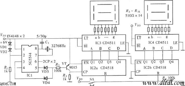 兩位數顯秒計時器電路圖