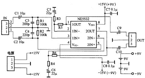 ne5532是典型的双极型输入运算放大器,用单个ne5532组成的小功率电路