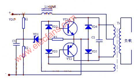推挽式逆变电路  motorola公司1996年生产的一带二灯的电子镇流器就