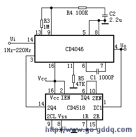 cd4046与bcd加法计数器cd4518构成的100倍频电路