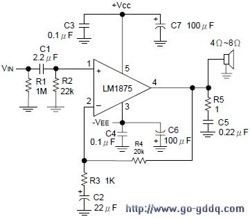 圖2 lm1875典型應用一圖3 lm1875典型應用二lm1875也有單雙電源兩種接