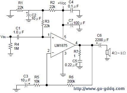 圖3 lm1875典型應用二lm1875也有單雙電源兩種接法:圖4 lm1875單電源